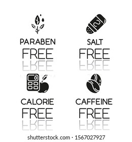 Product free ingredient drop shadow black glyph icons set. No paraben, salt, calorie, caffeine. Organic healthy food. Low calories meals. Dietary without allergens. Isolated vector illustrations