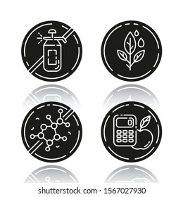 Product free ingredient drop shadow black glyph icons set. No calories, paraben, lectin, pesticide. Healthy dietary without allergens. Balanced meals. Isolated vector illustrations