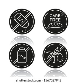 Product free ingredient drop shadow black glyph icons set. No salt, carb, lactose, palm oil. Healthy organic food without chemicals. Dietary without allergens. Isolated vector illustrations