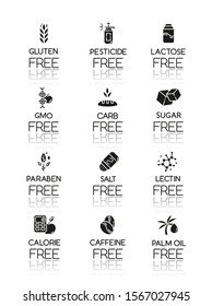 Product free ingredient drop shadow black glyph icons set. No lectine, gluten. Organic food, healthy eating. Low calories meals. Dietary without allergens and sweeteners. Isolated vector illustrations