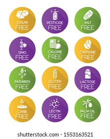 Product free ingredient flat design long shadow glyph icons set. No lectine, paraben, gluten. Organic food, healthy eating. Dietary without allergens and sweeteners. Vector silhouette illustration