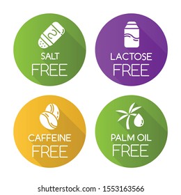 Product free ingredient flat design long shadow glyph icons set. No salt, lactose, caffeine, palm oil. Healthy organic food. Dietary without allergens. Balanced meals. Vector silhouette illustration