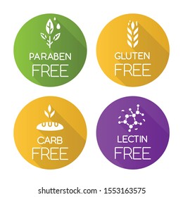 Product free ingredient flat design long shadow glyph icons set. No paraben, gluten, carb, lectin. Organic healthy food. Nutritious dietary without allergens. Vector silhouette illustration