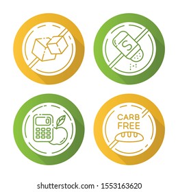 Product free ingredient flat design long shadow glyph icons set. No sugar, salt, calories, carb. Organic food, healthy eating. Dietary without allergens. Balanced meals. Vector silhouette illustration