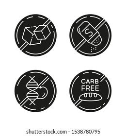 Product free ingredient glyph icons set. No sugar, salt, gmo, carb. Organic food, healthy eating. Dietary without allergens and sweeteners. Silhouette symbols. Vector isolated illustration