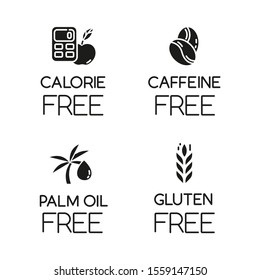 Product free ingredient glyph icons set. No calories, caffeine, palm oil, gluten. Organic healthy food. Low calories meals. Dietary without allergens. Silhouette symbols. Vector isolated illustration