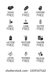 Product free ingredient glyph icons set. No lectine, paraben, gmo, gluten. Organic food, healthy eating. Low calories meals. Dietary without allergens. Silhouette symbols. Vector isolated illustration