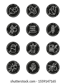 Product free ingredient glyph icons set. No paraben, pesticide, lactose. Organic food, healthy eating. Non-chemical herbs. Dietary without allergens. Silhouette symbols. Vector isolated illustration