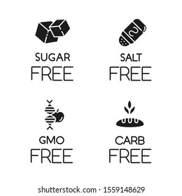 Product free ingredient glyph icons set. No sugar, salt, gmo, carbs. Non-seasoned, unsweetened meals. Dietary without allergens and sweeteners. Silhouette symbols. Vector isolated illustration