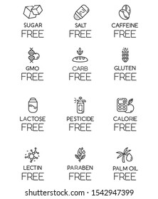 Product free ingredient linear icons set. No lectine, paraben, gmo, gluten. Low calories. Dietary without allergens. Thin line contour symbols. Isolated vector outline illustrations. Editable stroke