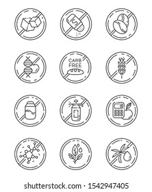 Product free ingredient linear icons set. No paraben, lactose. Non-chemical herbs. Dietary without allergens. Thin line contour symbols. Isolated vector outline illustrations. Editable stroke