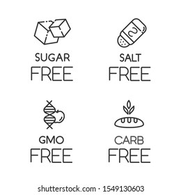 Product Free Ingredient Linear Icons Set. No Sugar, Salt, Gmo, Carbs. Organic Food. Non-seasoned, Unsweetened Meals. Thin Line Contour Symbols. Isolated Vector Outline Illustrations. Editable Stroke
