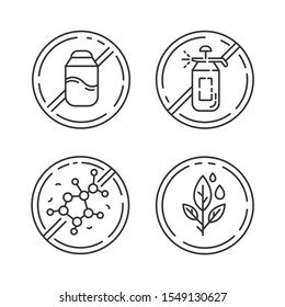 Product free ingredient linear icons set. No pesticide, lectin, paraben, lactose. Healthy food without chemicals. Thin line contour symbols. Isolated vector outline illustrations. Editable stroke