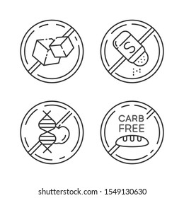 Product free ingredient linear icons set. No sugar, salt, gmo, carb. Dietary without sweeteners. Balanced meals. Thin line contour symbols. Isolated vector outline illustrations. Editable stroke