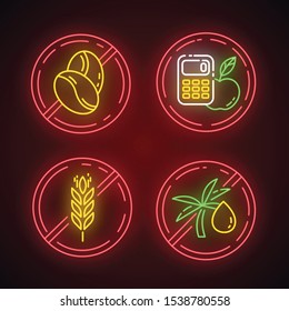 Product free ingredient neon light icons set. No calories, caffeine, palm oil, gluten. Organic food for weight loss. Healthy dietary without allergens. Glowing signs. Vector isolated illustrations