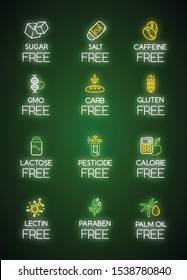 Product free ingredient neon light icons set. No lectine, paraben, gmo, gluten. Low calories meals. Dietary without allergens and sweeteners. Glowing signs. Vector isolated illustrations