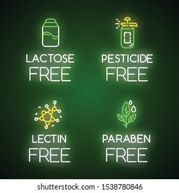 Product free ingredient neon light icons set. No lactose, pesticide, lectin, paraben. Non-chemical pharmaceuticals. Dietary without allergens. Glowing signs. Vector isolated illustrations