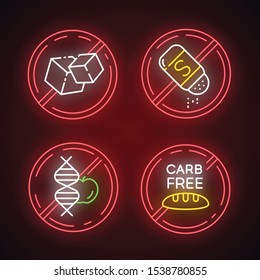 Product free ingredient neon light icons set. No sugar, salt, gmo, carb. Organic food, healthy eating. Dietary without allergens and sweeteners. Balanced meals. Glowing vector isolated illustrations