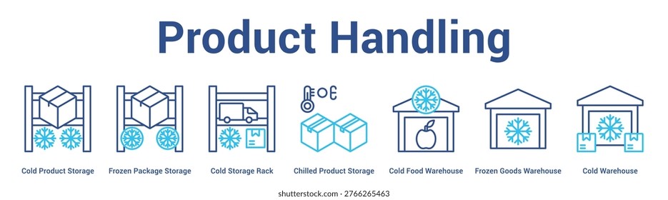 Product Handling web banner icon set vector illustration concept for business with icon of Cold Product Storage, Frozen Package Storage, Cold Storage Rack, Chilled Product Storage, Cold Food Warehou.