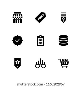 product icon. 9 product set with database, guarantee, free and rank vector icons for web and mobile app