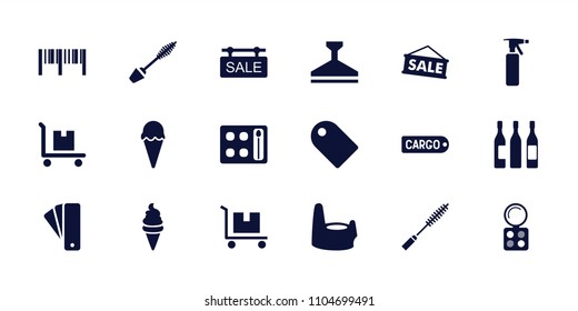 Product icon. collection of 18 product filled icons such as tag, baby potty, spray bottle, mascara, eyeshadow palette, ice cream. editable product icons for web and mobile.