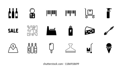 Product icon. collection of 18 product filled and outline icons such as spray bottle, mascara, eyeshadow palette, barcode. editable product icons for web and mobile.