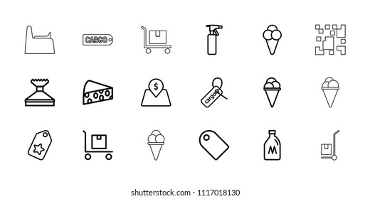 Product icon. collection of 18 product outline icons such as milk can, spray bottle, window squeegee, tag, ice cream, cargo tag. editable product icons for web and mobile.