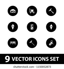 Product icon. collection of 9 product filled icons such as cheese, window squeegee, barcode, cargo tag, cargo on cart. editable product icons for web and mobile.