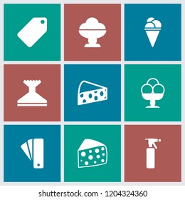 Product icon. collection of 9 product filled icons such as tag, spray bottle, ice cream, cheese. editable product icons for web and mobile.