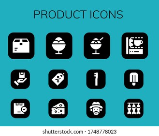 conjunto de iconos de producto. 12 iconos de producto rellenos.  Iconos modernos sencillos como: Paquete, helado, etiqueta, queso, cepillo de dientes, granjero, escáner de impresión 3d, popsicle, pescado seco