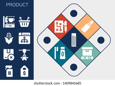 product icon set. 13 filled product icons.  Collection Of - Churros, Spray, Price tag, Package, 3d printer, Corn, Ux design, 3d printing scanner, Basket, Lipstick, Strategy, Toothbrush