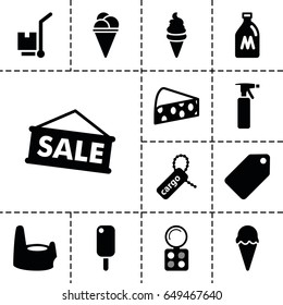 Product icon. set of 13 filled producticons such as milk can, baby potty, spray bottle, tag, eyeshadow palette, ice cream, cargo tag, cargo on cart, cheese