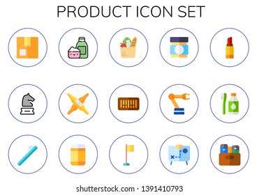 product icon set. 15 flat product icons.  Collection Of - package, strategy, cream, calcium, groceries, barcode, baby food, robotic arm, lipstick, tooth brush, toothbrush, corner