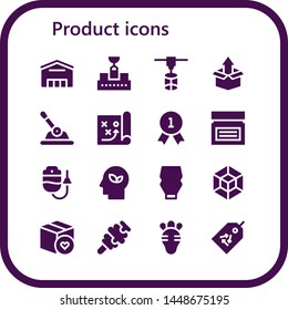 product icon set. 16 filled product icons.  Collection Of - Supermarket, Conveyor, 3d printer, Package, Control, Strategy, Quality, Cream, Dropper, Eco, Mayonnaise, 3d modeling