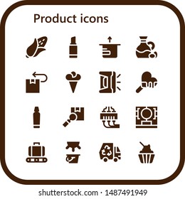 product icon set. 16 filled product icons.  Collection Of - Corn, Lipstick, Package, Olive, Ice cream, 3d printer, Toothpaste, 3d printing, 3d printing scanner, Conveyor, Milk
