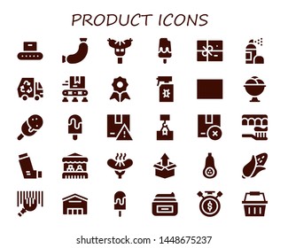 product icon set. 30 filled product icons.  Simple modern icons about  - Conveyor, Sausage, Ice cream, Package, Spray, Eco, Quality, Barcode, Popsicle, Toothbrush, Inhaler, Grocery
