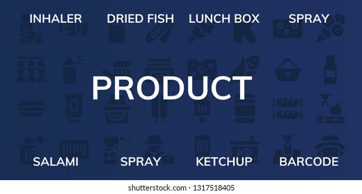 product icon set. 32 filled product icons. on blue background style Collection Of - Inhaler, Dried fish, Lunch box, Spray, Salami, Ketchup, Barcode, Groceries, Toothbrush, Shopping basket