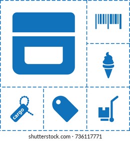 Product icon. set of 6 product filled icons such as cream, ice cream, cargo tag, cargo on cart, tag