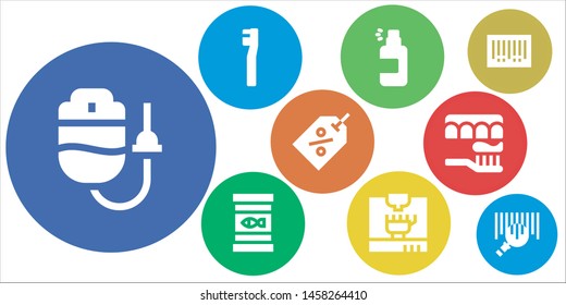product icon set. 9 filled product icons.  Collection Of - Dropper, Toothbrush, Spray, Canned food, 3d printing, Tag, Barcode