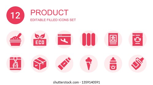 product icon set. Collection of 12 filled product icons included Baby food, Eco, Landing page, Sausages, Wanted, Ice cream, Package, Toothpaste, Milk bottle, Sauce