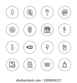 Product icon set. collection of 16 outline product icons with basket, eu, grocery, ice cream, lipstick, package, popsicle, scoop, seller, protein, vegan food, salami icons.