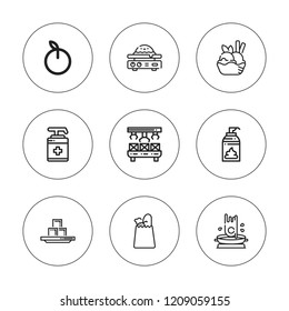 Product icon set. collection of 9 outline product icons with apricot, antiseptic, butter, grocery, ice cream, fried egg, lotion icons. editable icons.