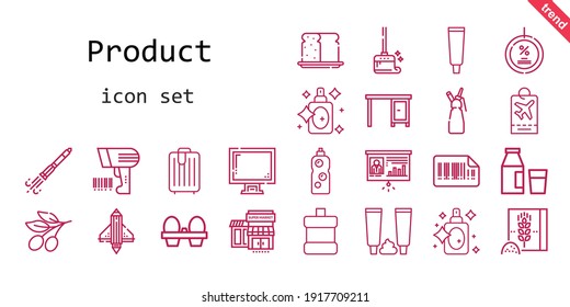 product icon set. line icon style. product related icons such as bread, whipped cream, mouthwash, scanning, display, milk, wiping, organic eggs, discount, rocket ship, perfume, trolley, presentation