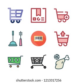 product icon set. vector set about meat, bars code, shopping cart and package icons set.