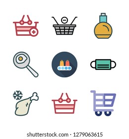 product icon set. vector set about shopping cart, perfume, meat and fried egg icons set.