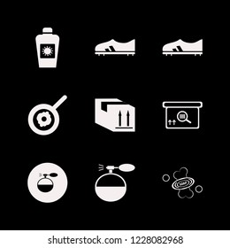 product icon. product vector icons set square barcode box, sun oil, fried egg and soap
