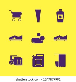product icon. product vector icons set cream tube, football shoe, shopping cart and parcel box