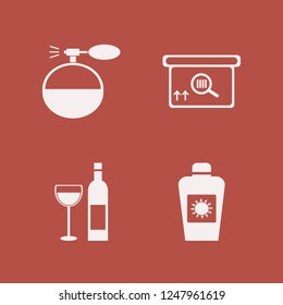 product icon. product vector icons set cologne spray, square barcode box, sun oil and bottle glass