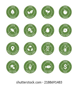 Product icons. Organic natural vegan products labels, sugar, egg and lactose free tag. Gluten, nuts and fish free allergy tags vector set. Fresh vegetarian food stickers with guarantee