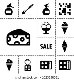 Product Icons. Set Of 13 Editable Filled Product Icons Such As Cheese, Spray Bottle, Mascara, Eyeshadow Palette, Ice Cream, Qr Code